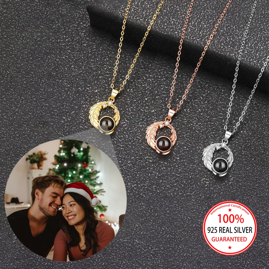 

925 Sterling Silver Custom Color Photo Projection Feather Round Pendant Necklace Exquisite Valentine's Day Gift For Girlfriend