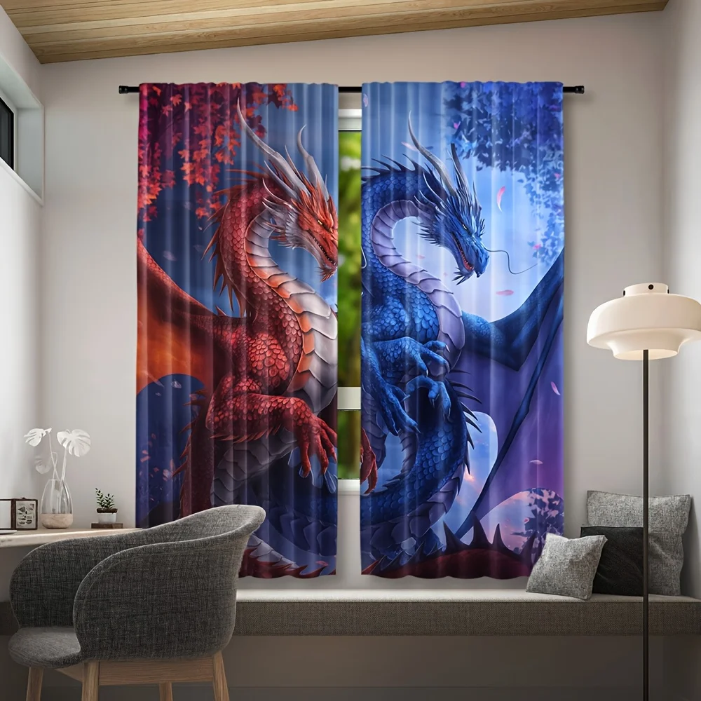 2pcs Dragon Themed Rod Pocket Curtains, Woven Polyester Pongee, Semi-Sheer Roller Embossed Drapes, Contemporary Style, Machine W