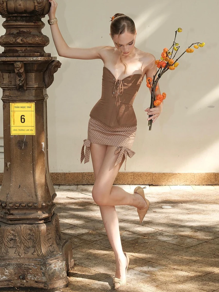 WEIRD PUSS Retro Faion Knot Hollow out Tube Top Vest Women Polka Dot  Skirt Set Sexy ort Sve Polyester Blend