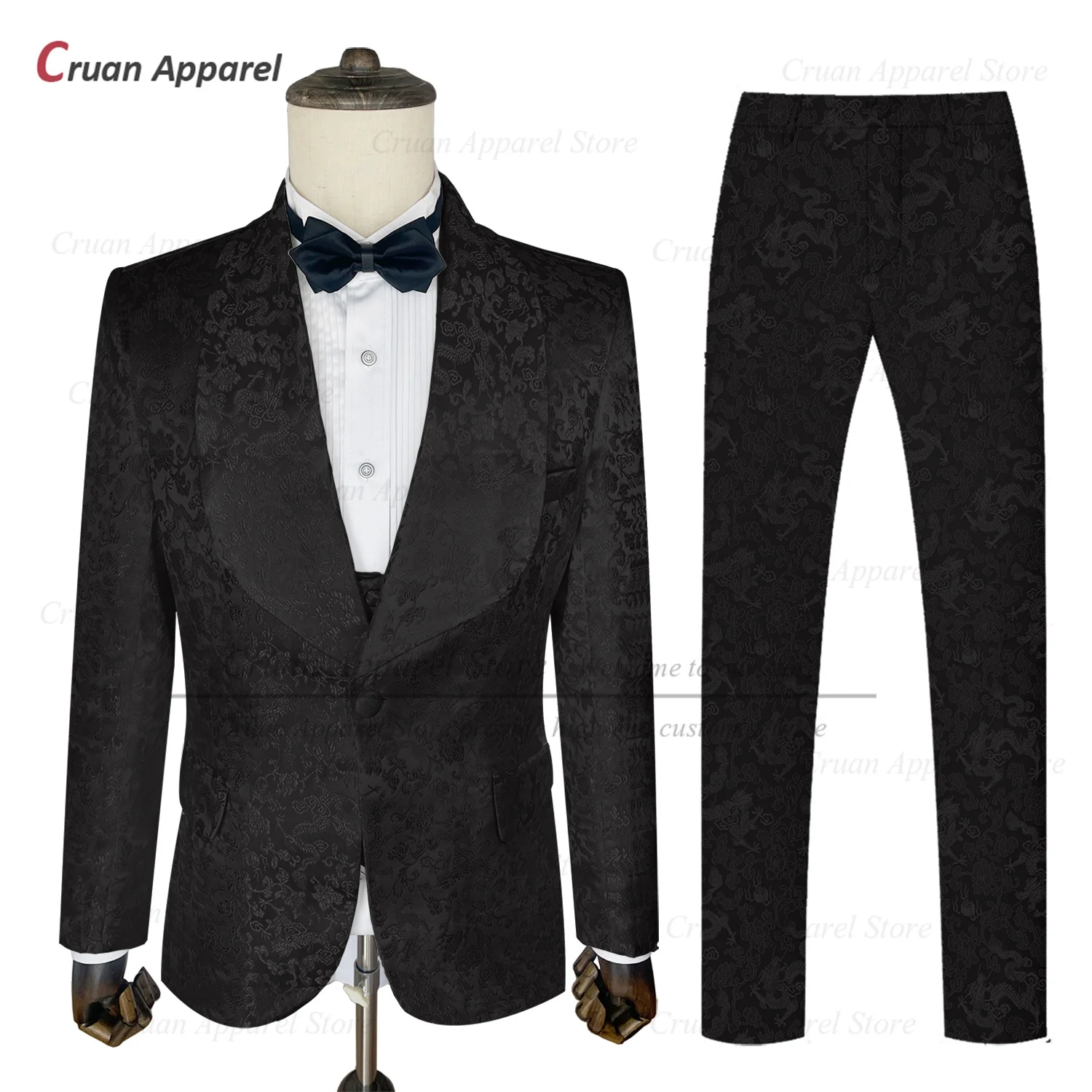 Elegant Men Slim Fit Suit Fashion Party Custom High Quality Satin Jacquard Blazer Vest Pants Set Birthday Banquet Formal Outfits