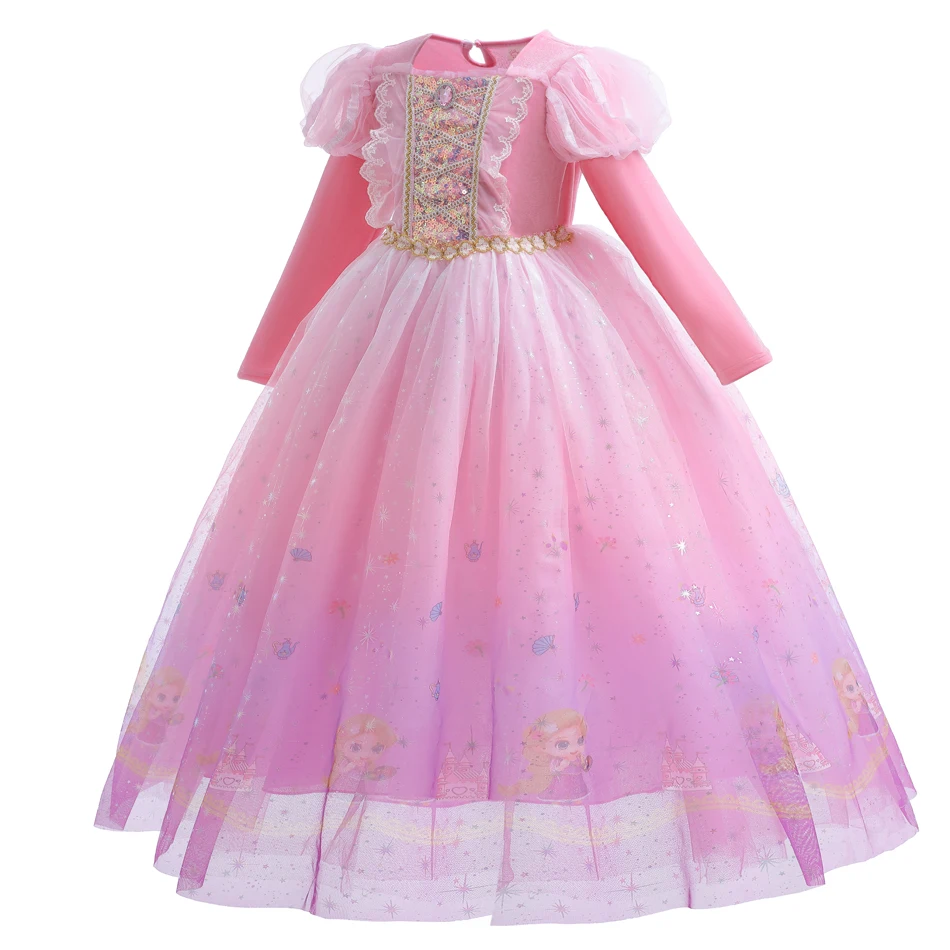 Princess Pink Dress For Girl Children Print Mesh Frocks Flower Girl Dresses for Weddings Party Girl Halloween Costume