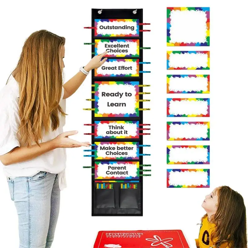 Kids Behavior Chart Reward Pocket Chart For Kids Track Dangling Bulletin Board With Wooden Clips Multifunctional Behavior Chart