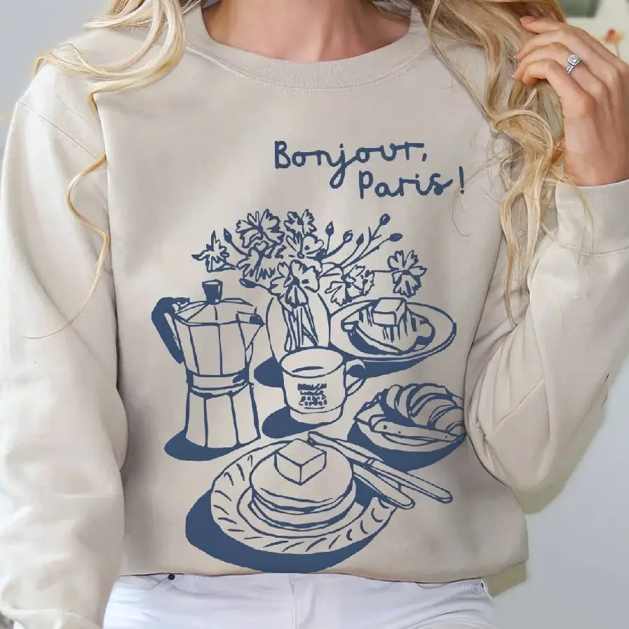 

Retro Vintage Sweatshirt Aesthetic Graphic Hoodies Y2K Tops Casual Daily Wear Unisex Versatile Stylish Pullover Bonjour Paris