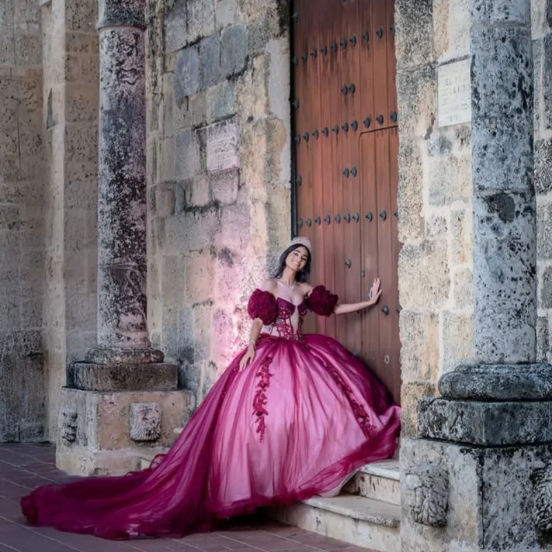 

Customized wine red Quinceanera Dresses Off the Shoulder Tull applique layering 3D flower Lace Vestido De 15 Quinceanera
