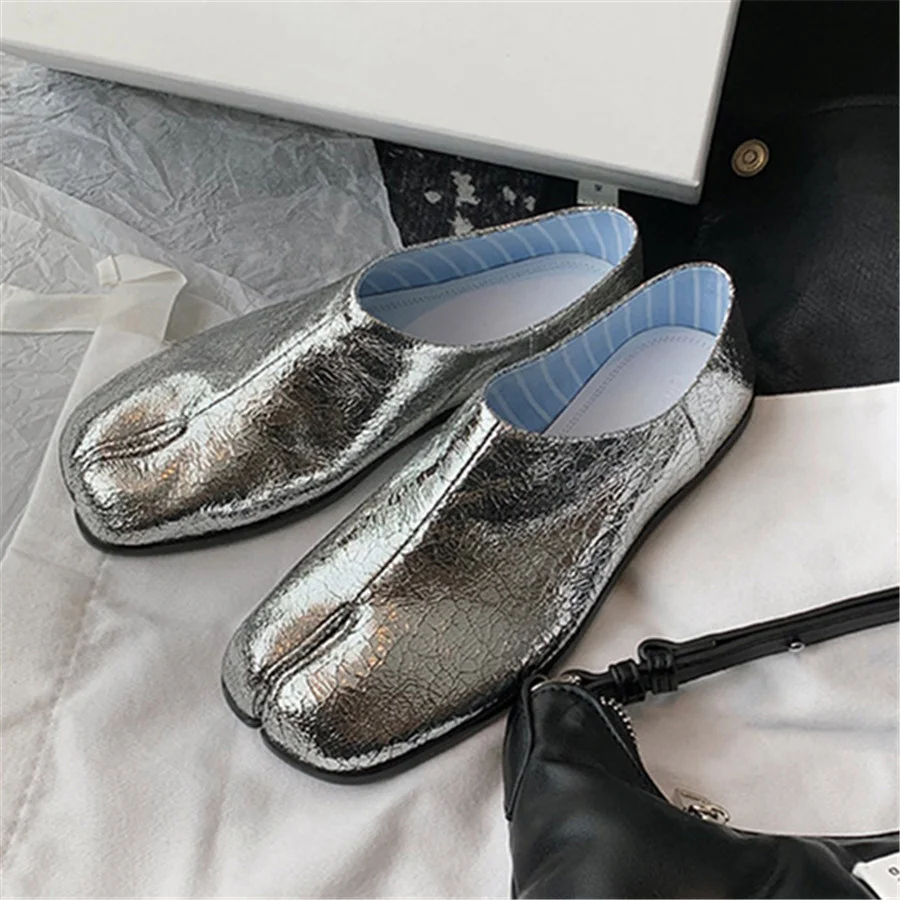 Silver Split Toe Women Flats Lazy Slippers Ladies Flat Loafers Comfortable Slip-on Espadrilles Casual Tabi Shoes Woman Footwear