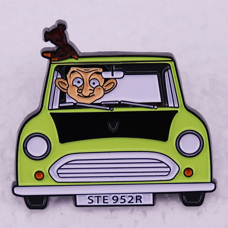 Mr Bean Car and His Teddy Bear Brooch Cartoon Metal Badge Accessory