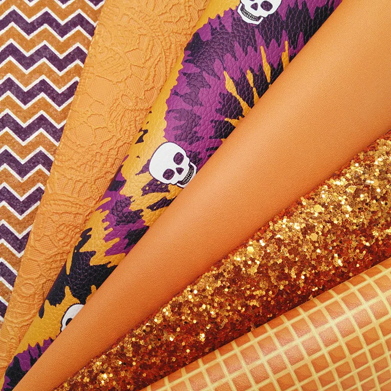 Halloween Orange Glitter Leather Sheets Felt Backing Arrow printed Glitter Faux leather For Bows Earrings DIY 21X29CM W568