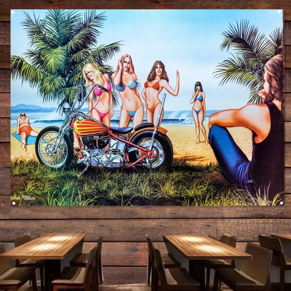 Bikini Babes Motorcycle Painting for Garage Vintage Decor Banner Wall Flag Gas Station Man Cave Auto Poster Home Decor Stickers