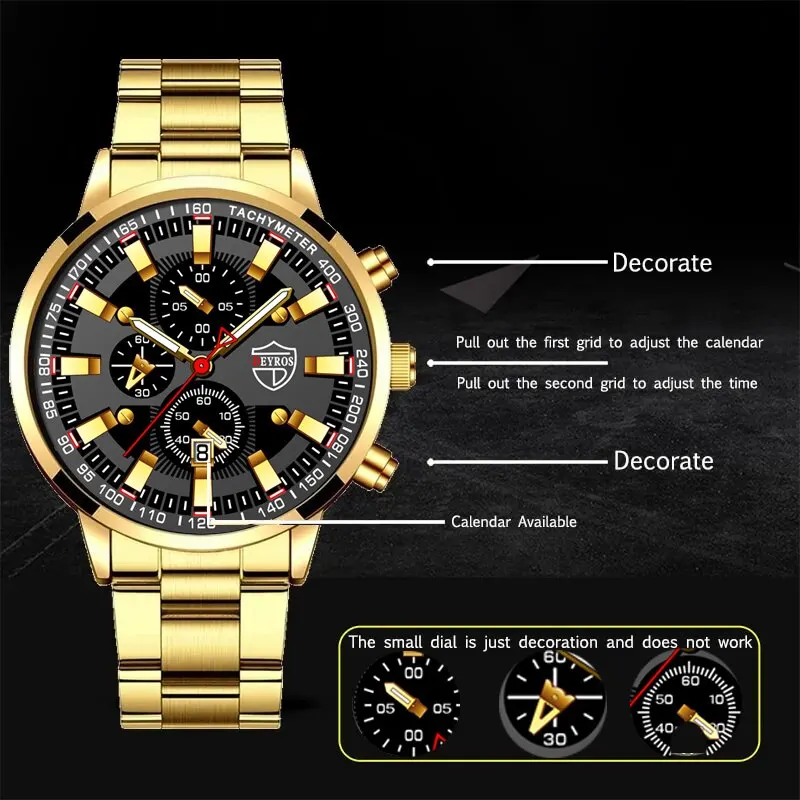 3PCS Set Luxury Mens Calendar Watches Men Business Stainless Steel Quartz Wristwatch Male Casual Necklace Bracelet Wristwatch