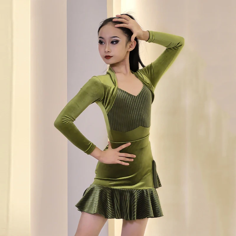 

2025 Latin Dance Dress Girls Green Suit Long Sleeve Top Skirt Chacha Rumba Dance Practice Kids Performance Costume DQL10274
