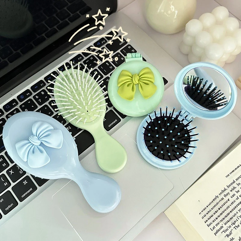 Mini Hair Comb With Mirror Foldable Comb Travel Portable Massage Women Girl Hair Brush Boeknot Comb Styling Tools Gift