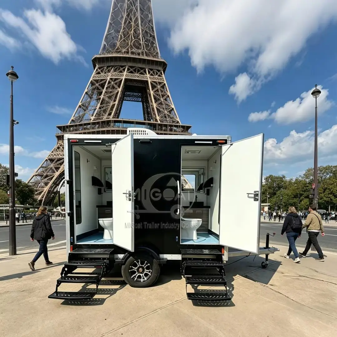 2-Stall Portable Restroom Trailer Black & White with Steps VIP Mobile Toilet for Events And Weddings