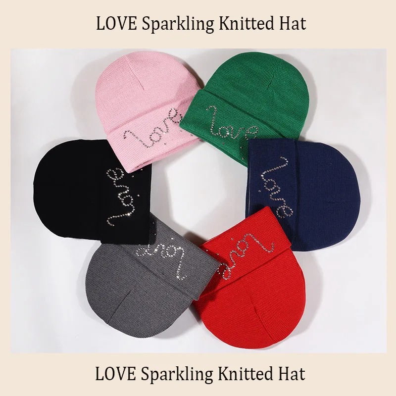 

LOVE Sequin Knitted Hat Rhinestone Brimless Hat Breathable and Warm Winter Hat Fashionable and Trendy Solid Color Hat