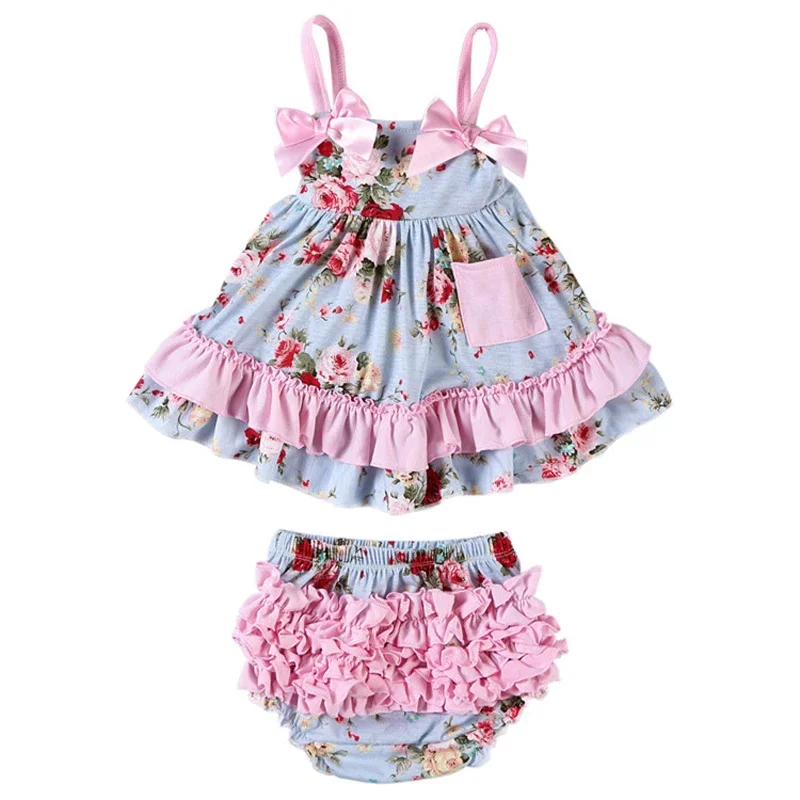 

2025 New Born Baby Girl Clothes Baby Suit Overall Floral Clothes Set 3-24m Cotton Sleeveless Toddler Infant Ruffle Tops + Shorts