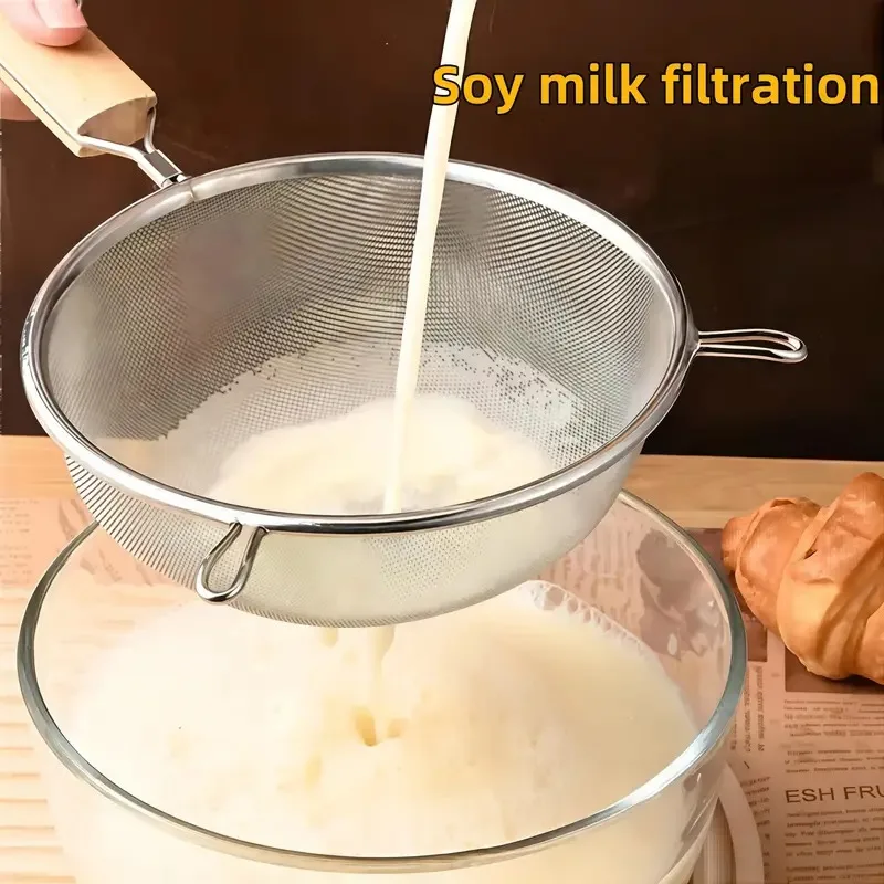 Double Ear Strainer, Long Handle for Noodles & Soup. 30x17cm, Stainless Steel, Heat Resistant - Image 2