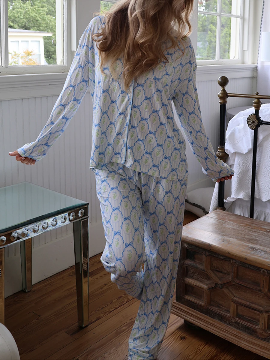 Женский комплект из двух предметов для отдыха с длинным рукавом, клетчатая рубашка с цветочным принтом, брюки, комплекты одежды для сна