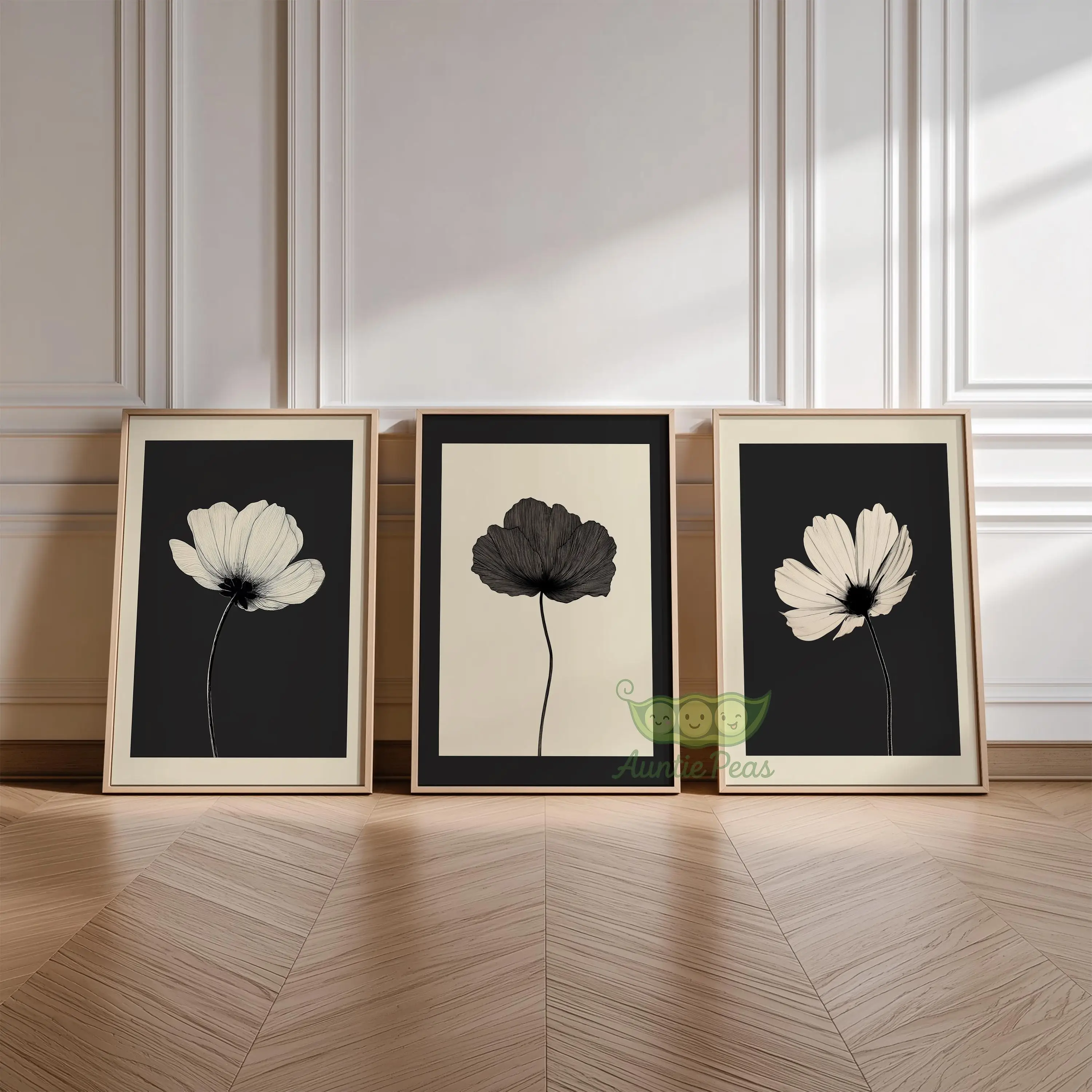 3Pcs Black Beige Flower Wall Art, Minimalist Botanical Canvas Prints, Scandinavian Floral Decor for Modern Bedroom Living Room