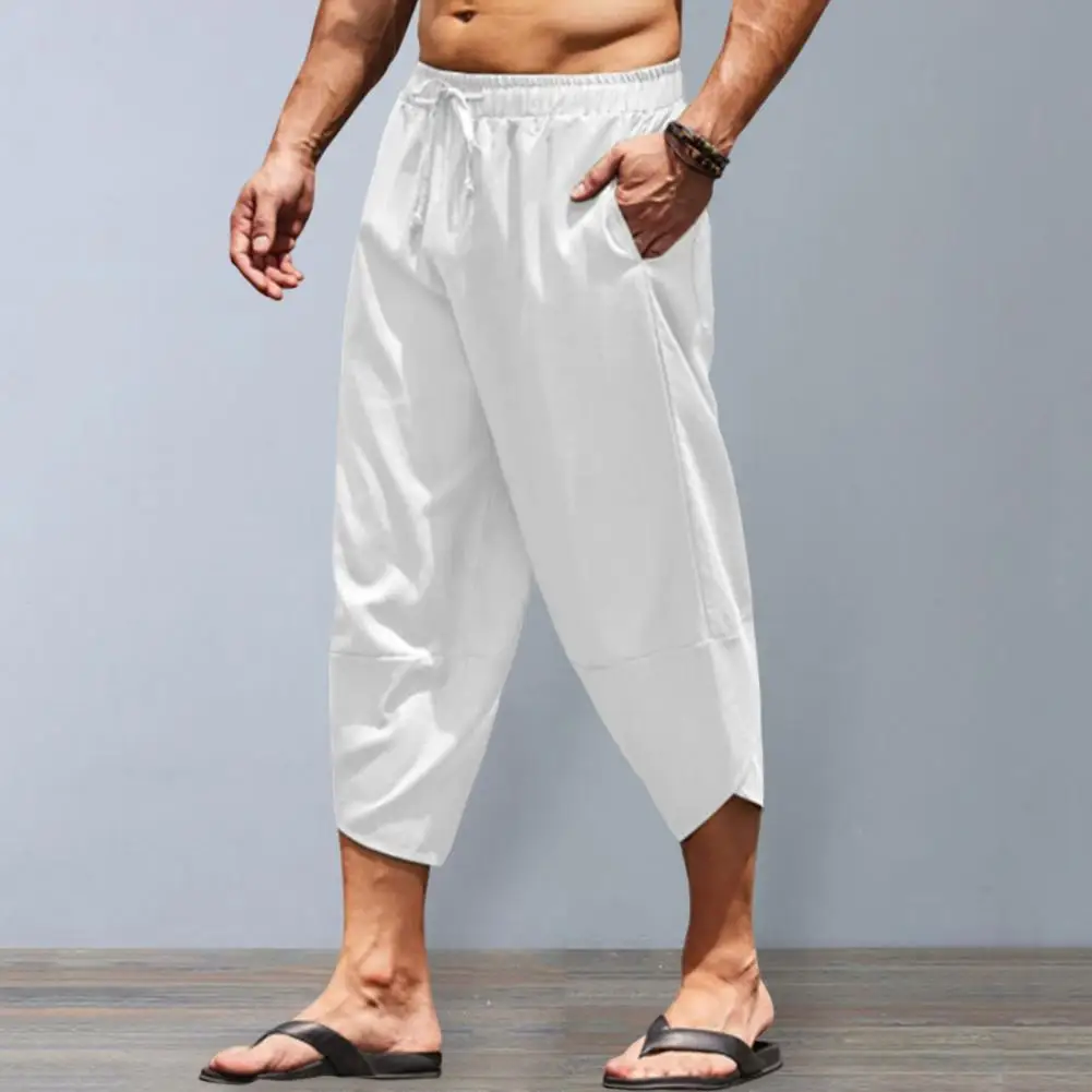 Pantalones de lino y algodón para hombre, pantalón de pierna ancha, Color sólido, estilo Harem, transpirable, informal, con cintura elástica