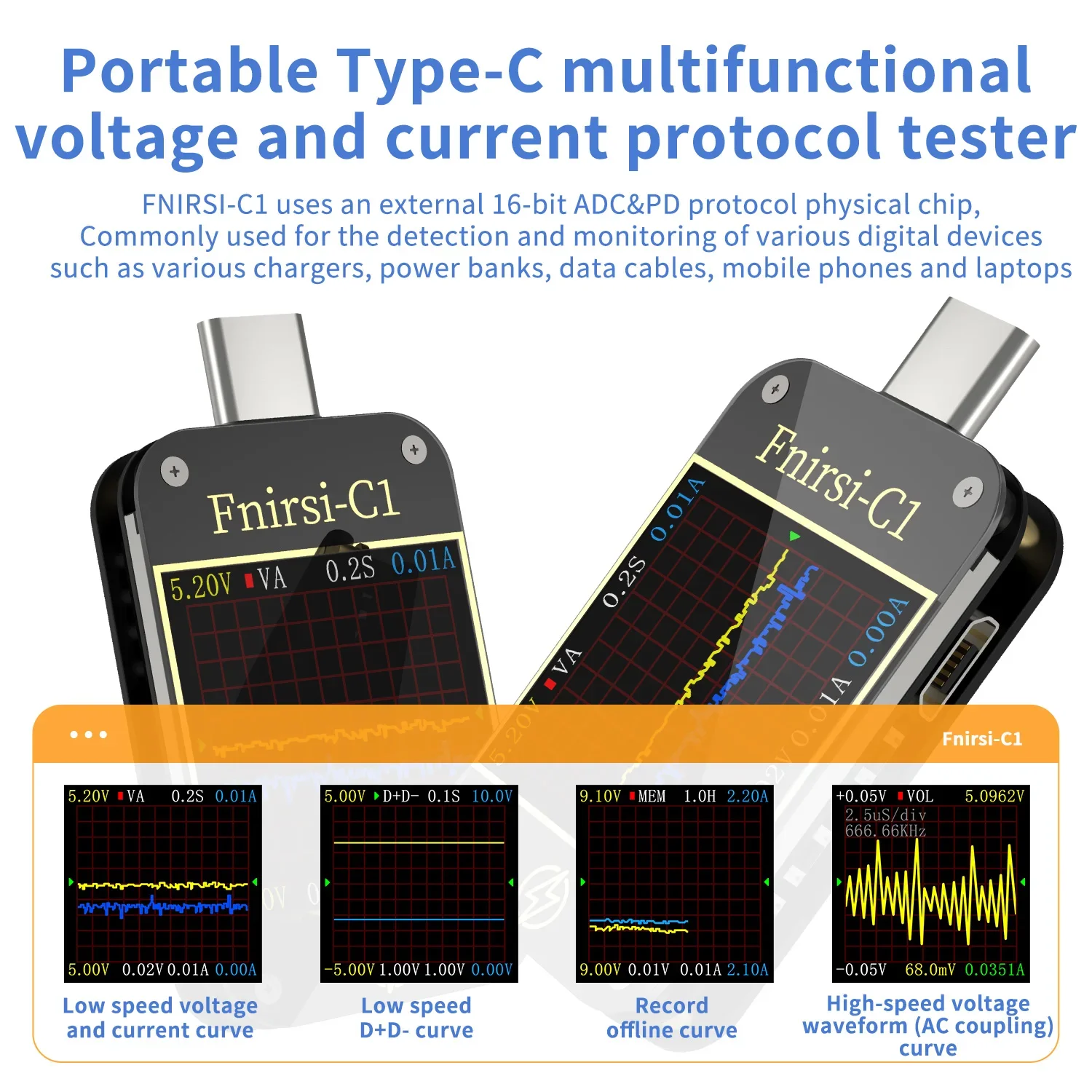 FNIRSI-C1 Type-C PD Trigger USB Tester Voltmeter Ammeter Fast Charging Test Type-C Meter Power Bank tester With PC Software