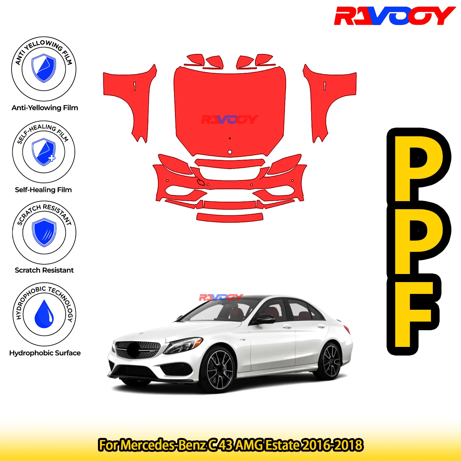 

For Mercedes-Benz C 43 AMG Estate 2016-2018 Glossy Matte Black Precut front PPF Kit Paint Protection Film