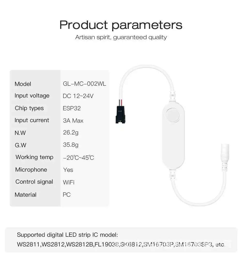 WLED ESP32 mini controller DC12-24V magic light strip DIY remote control voice APP control 3A