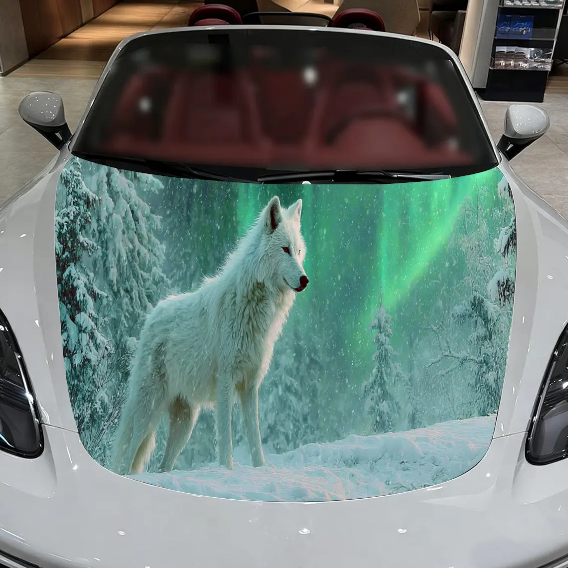 Majestic Aurora White Wolf Car Hood Stickers - Self-Adhesive, Waterproof and Durable Vinyl Wrap, Decorate And Protect Your Car -
