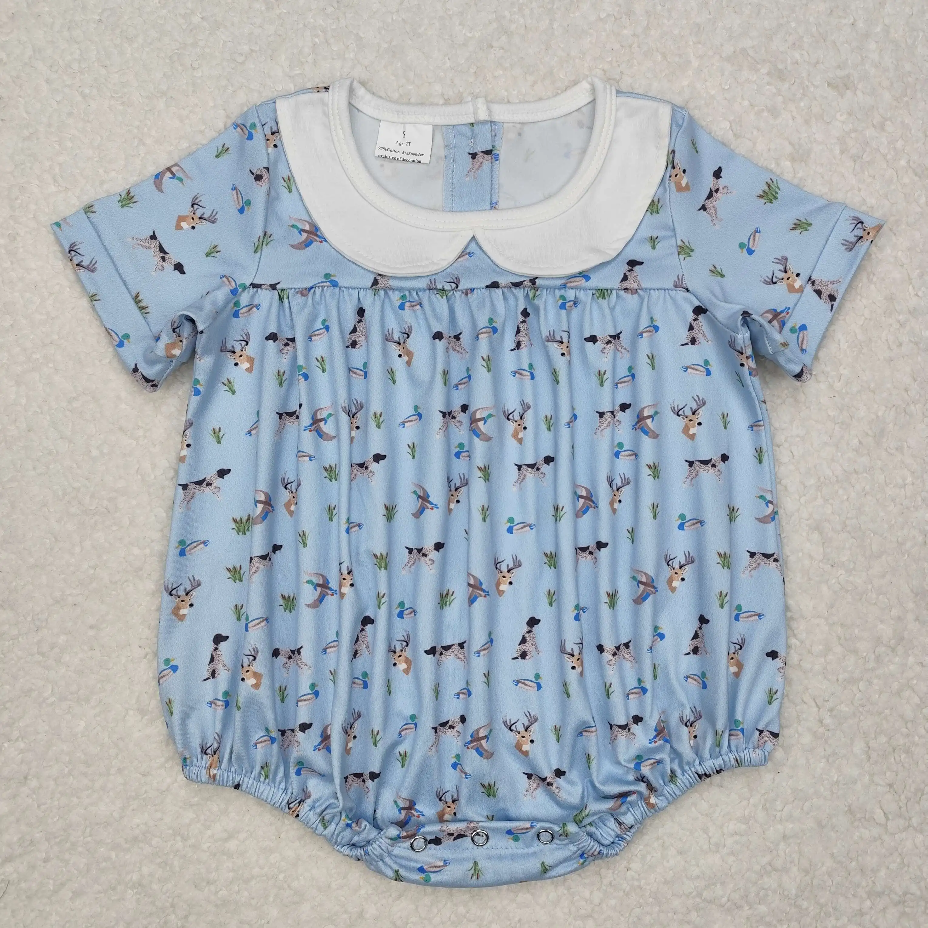 

New rts baby girls summer bubbles wholesale boutique hunting style duck fawn pattern girls blue rompers