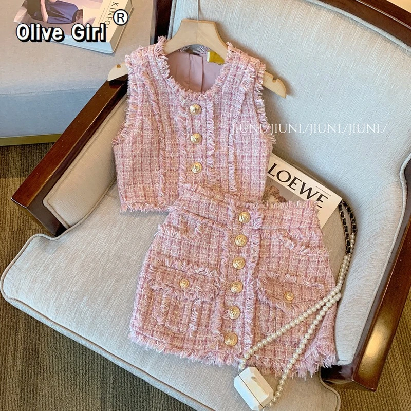 Olivegirl Women Sleeveless Top+ Mini Skirt Suit  Korean Weave Plaid Tweed 2-Piece Set Summer Luxury Gold Button Party Outfit