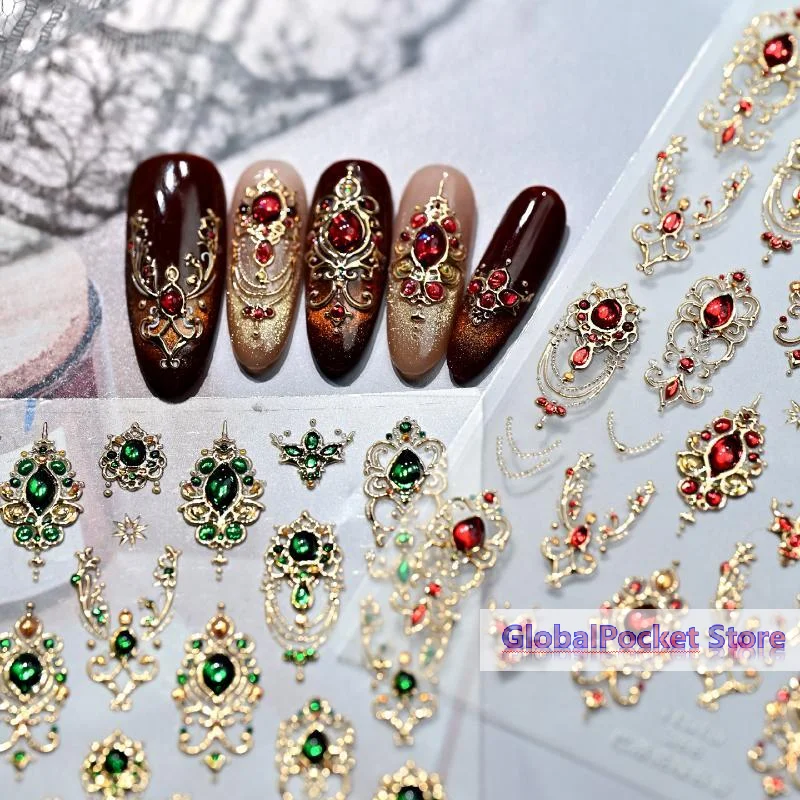 [TG823]5D Luxurious Emerald Ruby Baroque Scepter Nail Stickers Shiny  Imitation Gemstone Jewelry Manicure DIY Decals Accessories