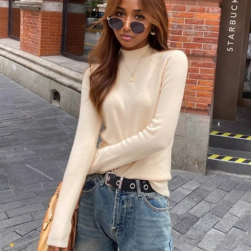 

Элегантный пуловер с высоким воротом, свитер, корейские женские вязаные топы, облегающий осенне-зимний повседневный универсальный джемпер с длинными рукавами