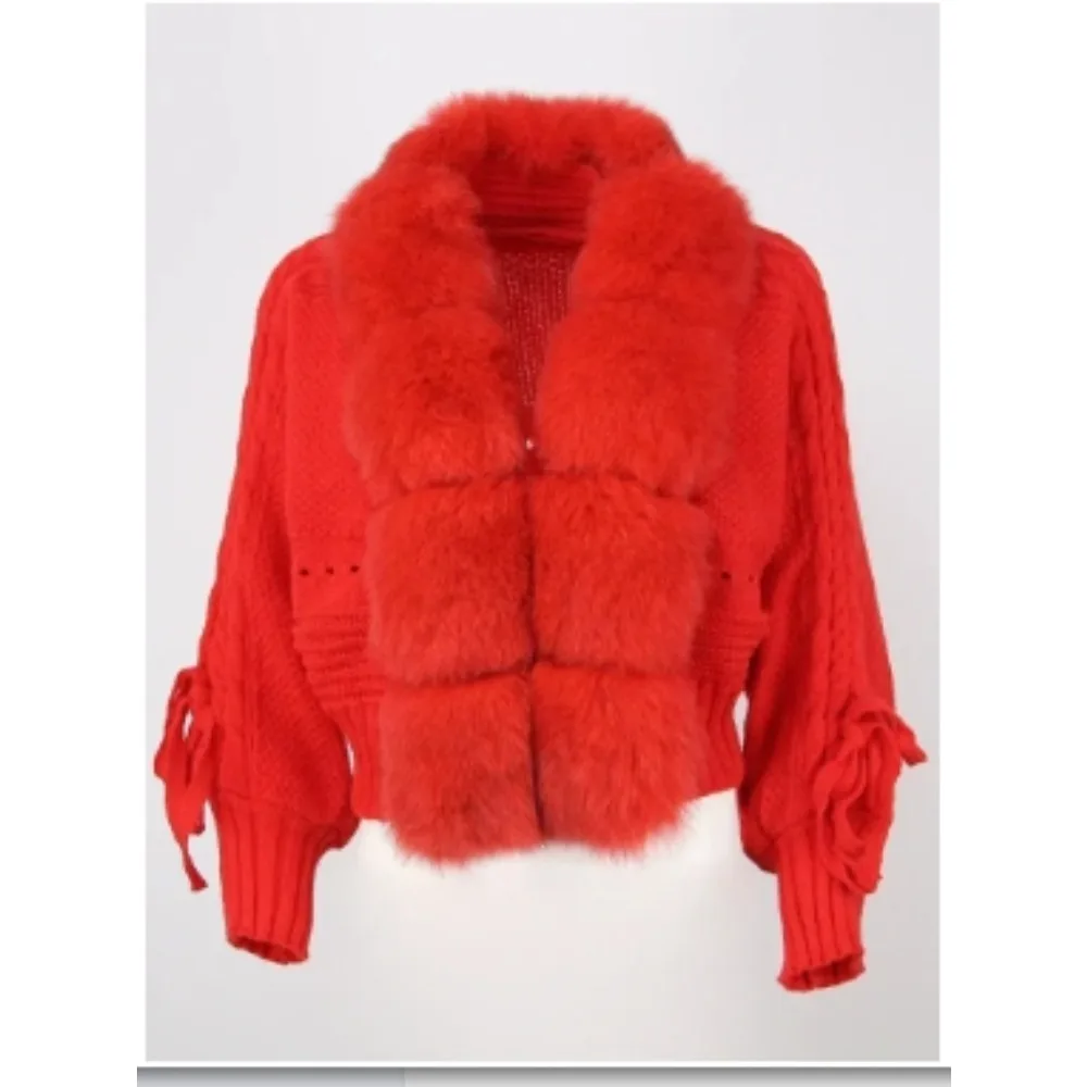 سترة محبوكة مع بلاكيت من فرو الثعلب الطبيعي للنساء ، معطف غير رسمي ، ياقة من الفرو الحقيقي ، قصيرة ، دافئة ، فضفاضة ، جديدة ، على الموضة الشتوية ،