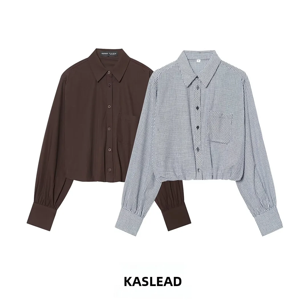 

KASLEAD Faionable Small Plaid Balloon irt Women's Street Sle Loose Fit Polyester Fiber Long Sve ort Length