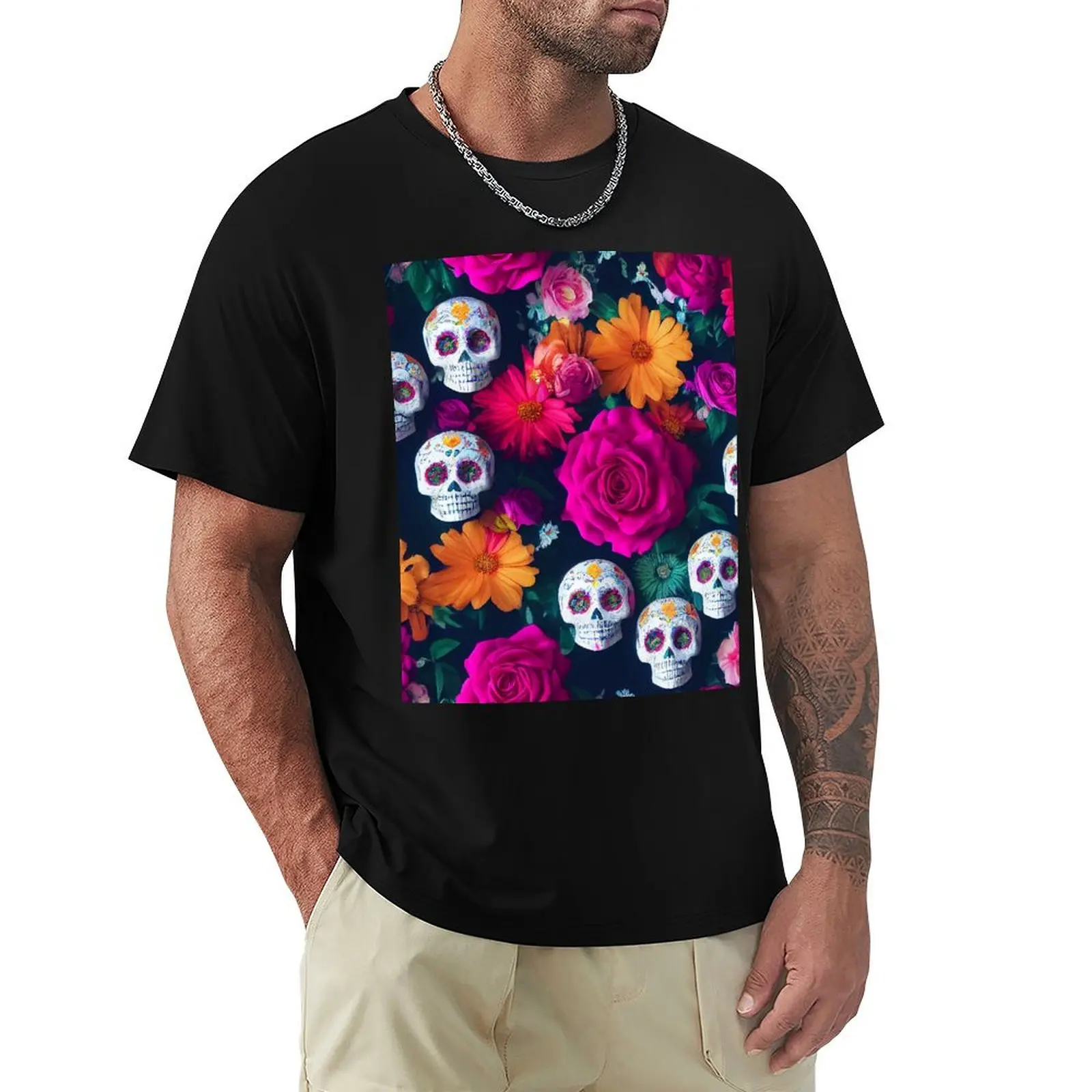 Skulls and flowers on a dark background T-Shirt Moisture Control Sports Tee