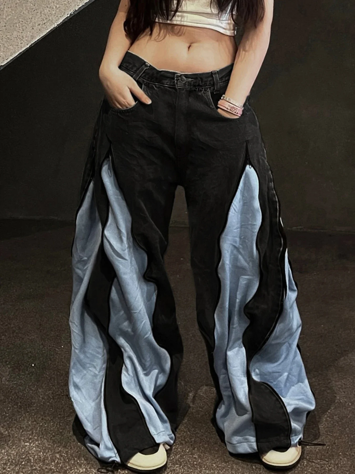 Harajuku Patchwork Zip-up Breite Bein Jeans Frauen Casual Lose Übergroßen Denim Cargo Hosen Vintage Y2k Mom Jeans Ästhetischen