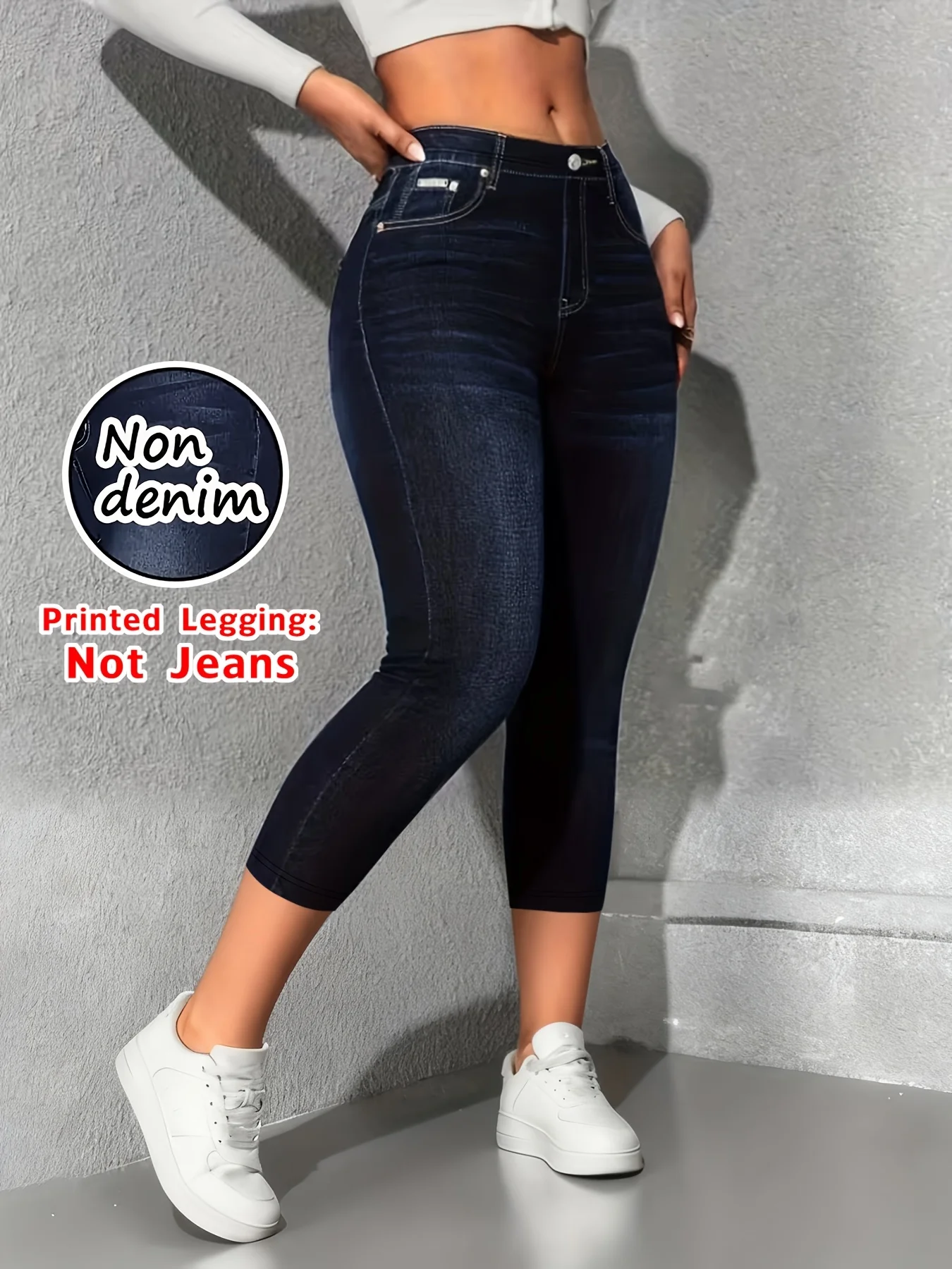Women's Faux Denim Printed Cropped Pants, Non-Denim Fabric Casual Leggings, Outdoor Sports Yoga Pants, Fashionable Vacation Beac