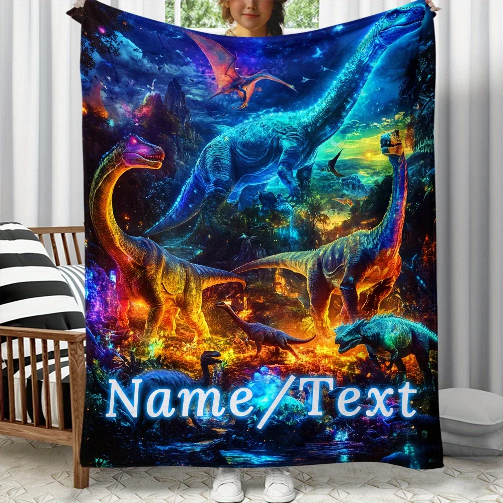 Custom name colourful dinosaur flannel blanket, suitable for sofas, beds, birthdays, children, family, friends, gifts