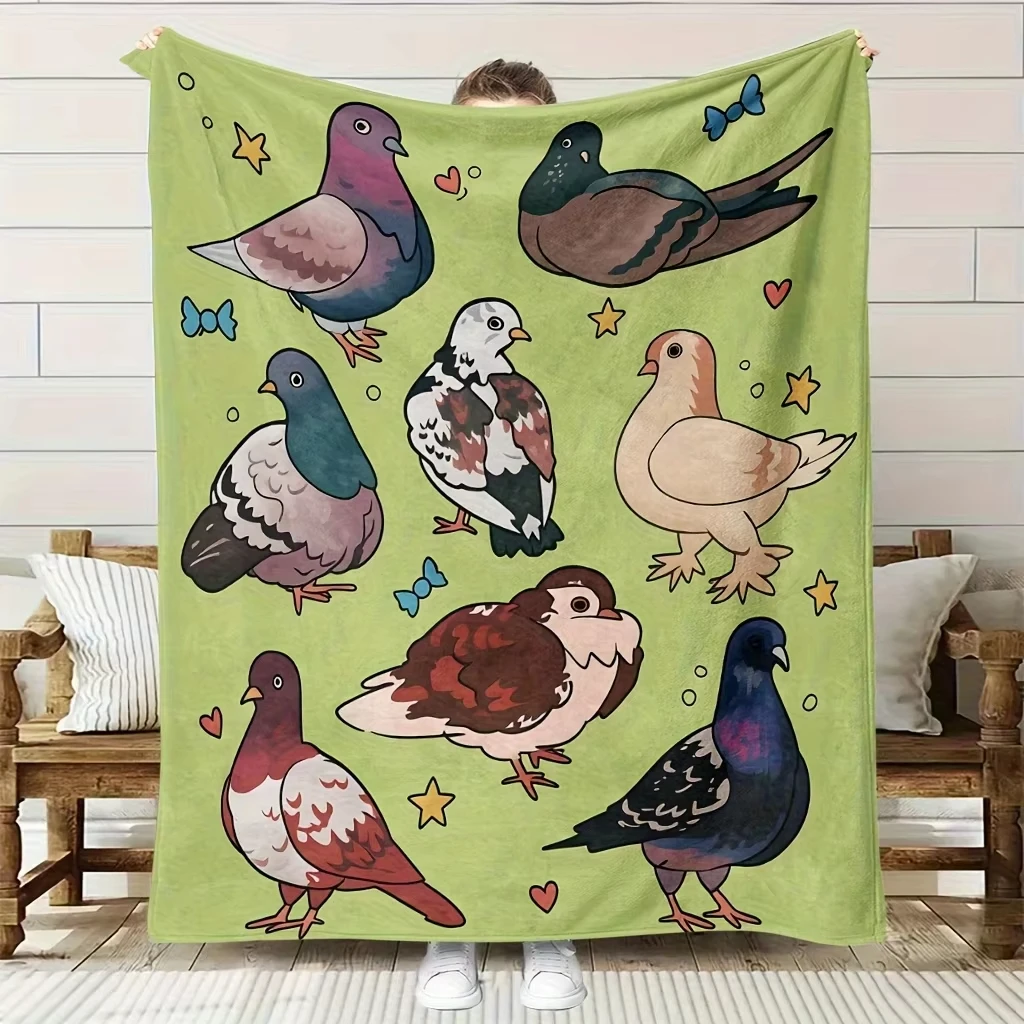 Cartoon Pigeon Fleece Blanket Green Bird Star Heart Print Soft Flannel Fabric for Sofa Bedroom Kids Warm Cozy Cute Home Rest