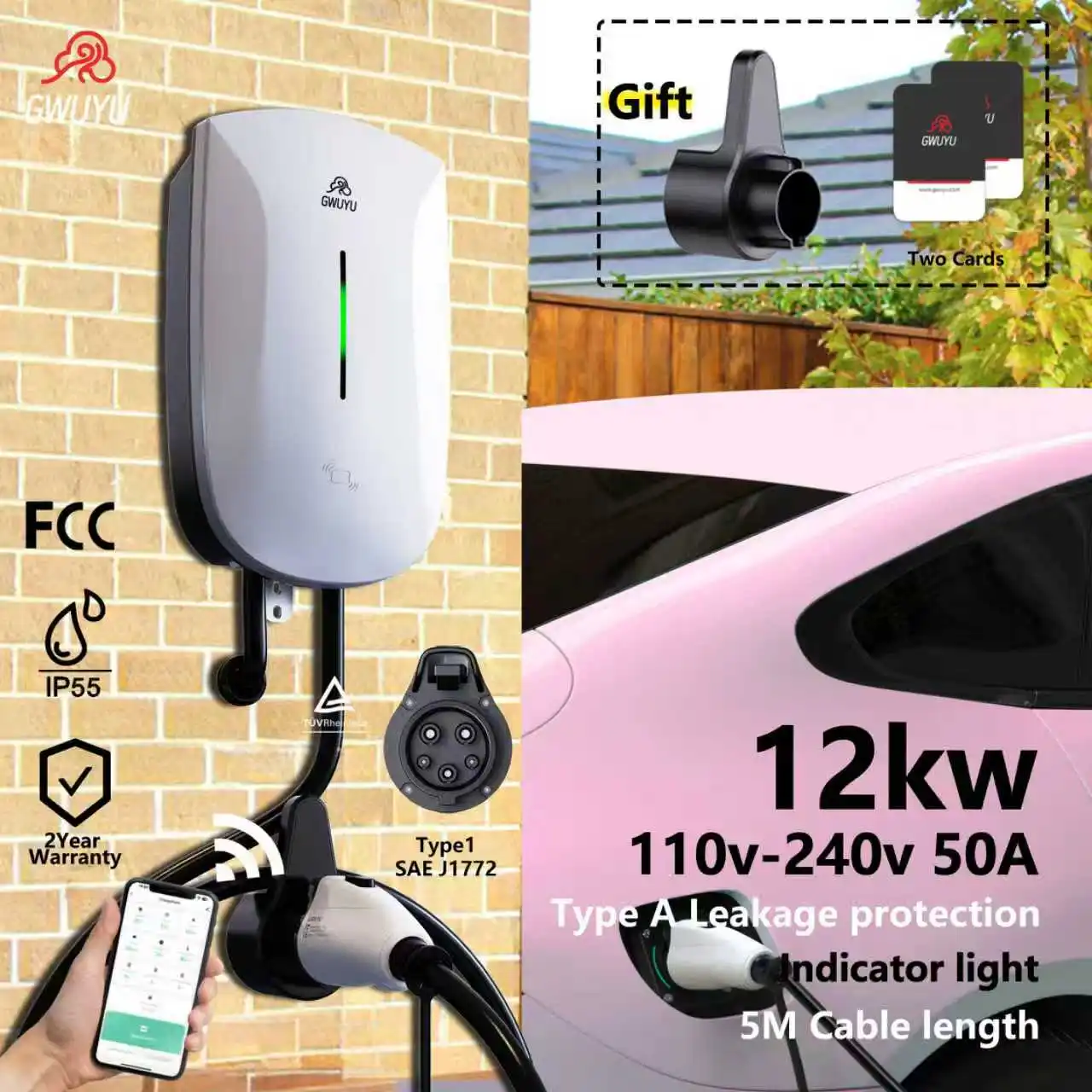 GWUYU Type1 SAE J1772 Level 2 Wallbox Charger 7/9.6/12KW WiFi APP Control Household Electric Vehicle Charger