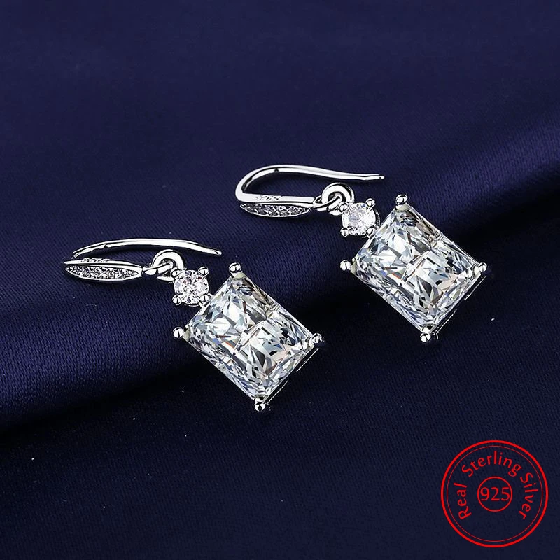 

Real 925 Sterling Silver Woman's Quality Jewelry Crystal Fashion Square Drop Earrings New FQL25037