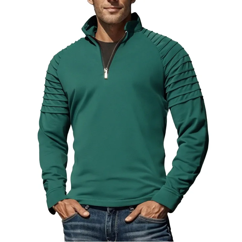 Camisetas Masculinas de Manga Longa com Gola Alta para Primavera e Outono 2026, Pulôveres Casuais Masculinos com Zíper Frontal, Moda Sólida