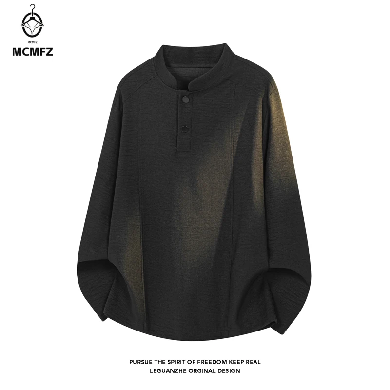 Mens Loose Oversized Stand Collar Long Sleeve Shirt Half Button Placket Lightweight Weave For Multi Occasion Daily Dressing