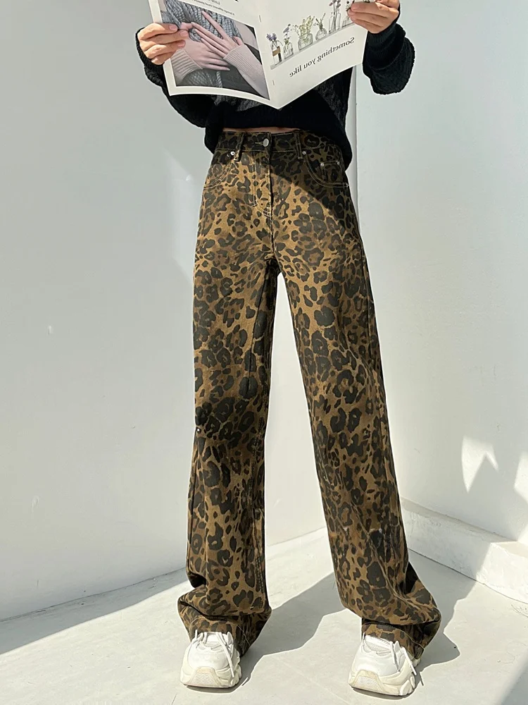 الرجعية الأمريكية فضفاضة تناسب ليوبارد طباعة الجينز عالية الخصر الجاز الرقص السراويل الطويلة للنساء الهيب هوب حار فتاة Sle