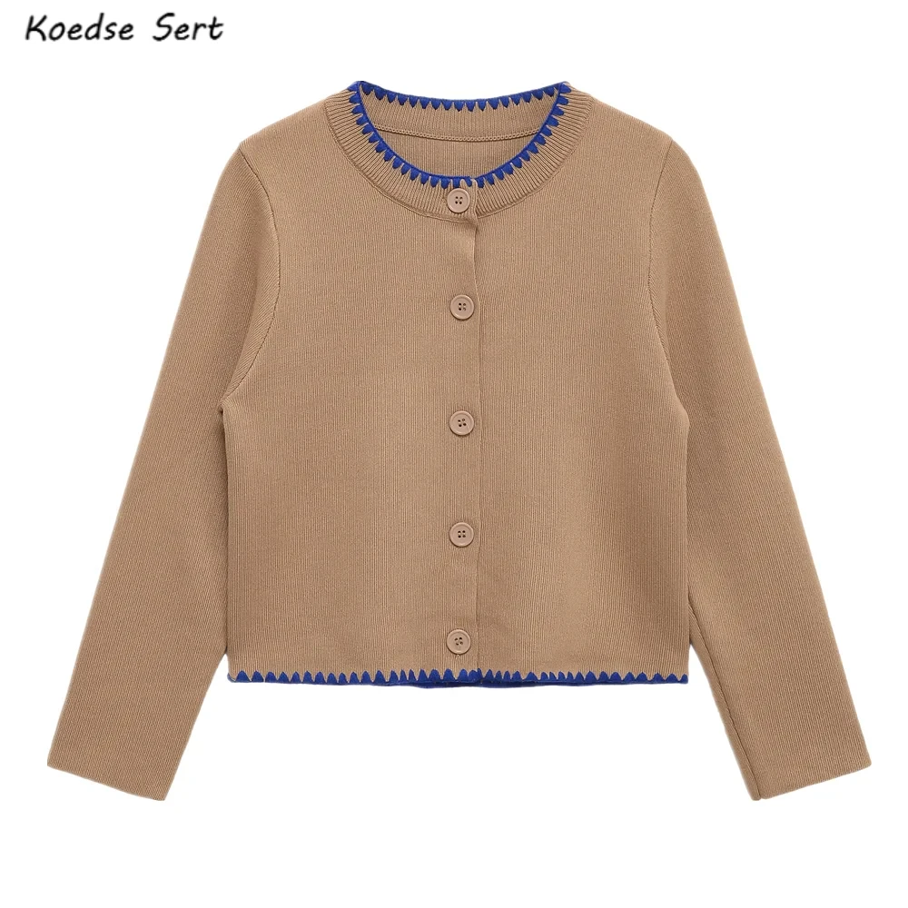

2025 Autumn CHIC Women Binding O Neck Button-through Front Short Cardigan Retro Knitted Sweater Long sleeve Slim Jumper