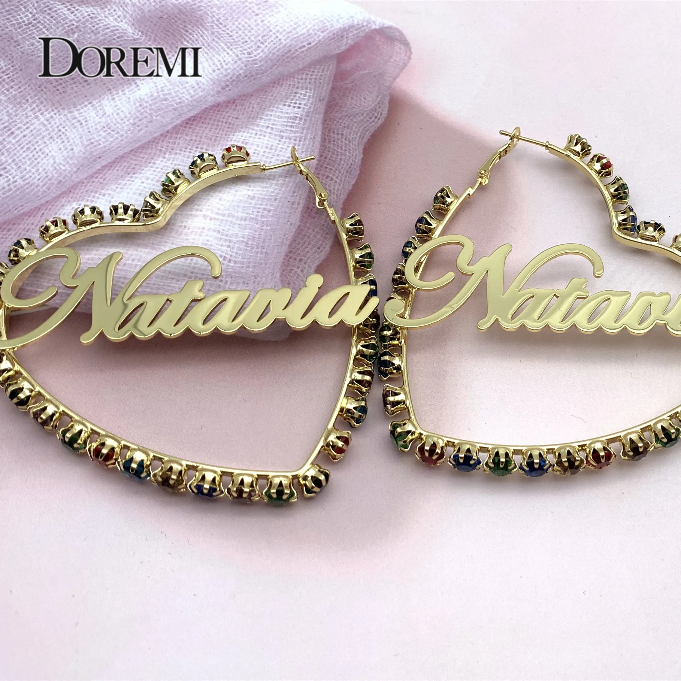 DOREMI Colorful Zircon Custom Letter Earrings Heart Sexy Hoop Earrings Personal Customized Name Earring for Mother's Day Gift