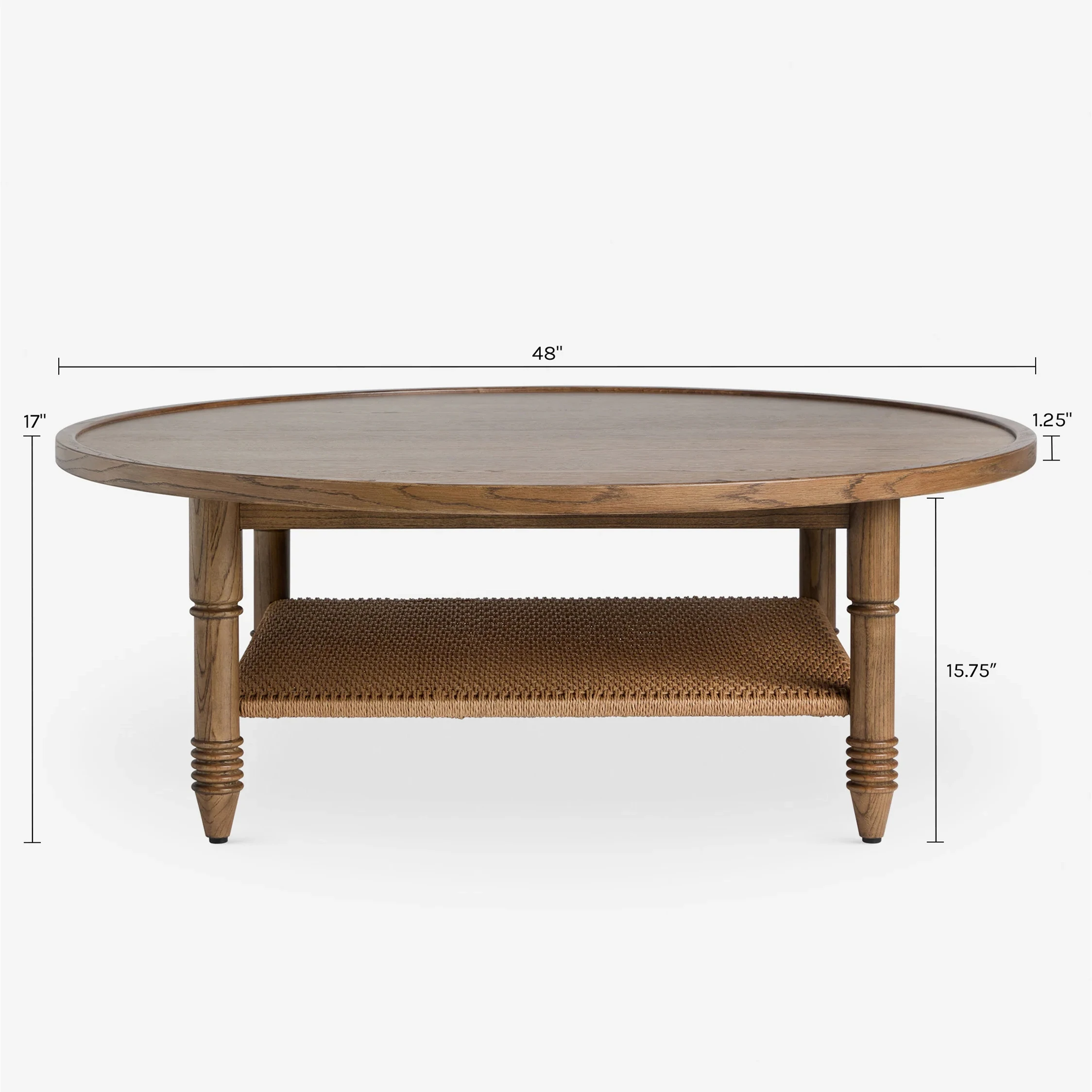 ^Retro Round Coffee Table with Solid Wood Tabletop and Rattan Weave, Suitable for a Living Room with Two Layers