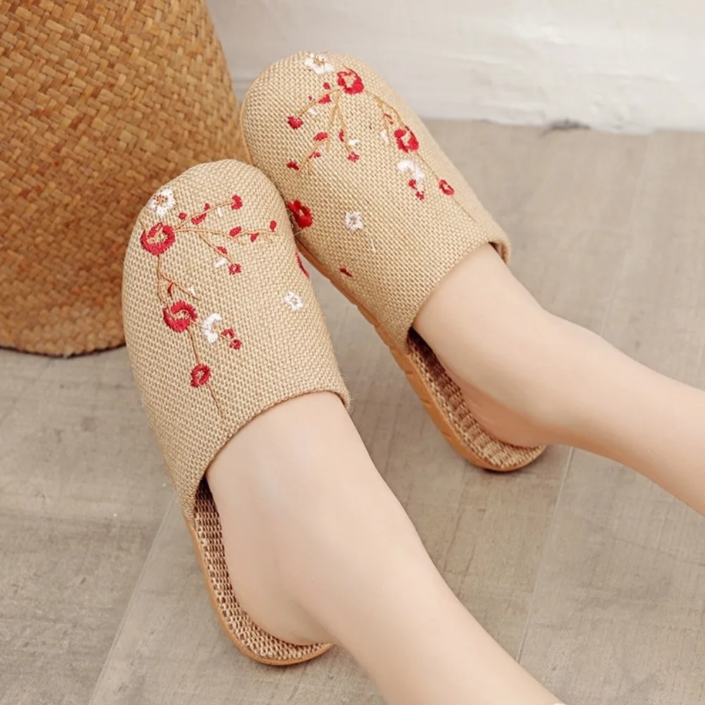 

Cozy Embroidery Flower Bamboo Indoor Slippers Linen Soft Bottom Plum Blossom Slippers Sandals Flax Women Men Slippers Bedroom