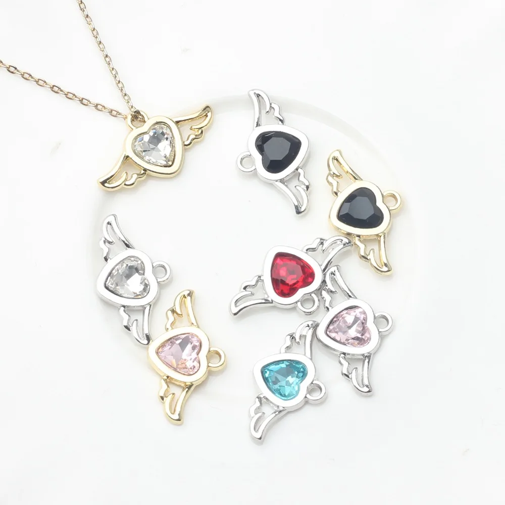 10pcs Hollow out Heart Shape Wing Inlaid Zircon Charms Pendant For Necklace Earrings Bracelet DIY Jewelry Making Accessories