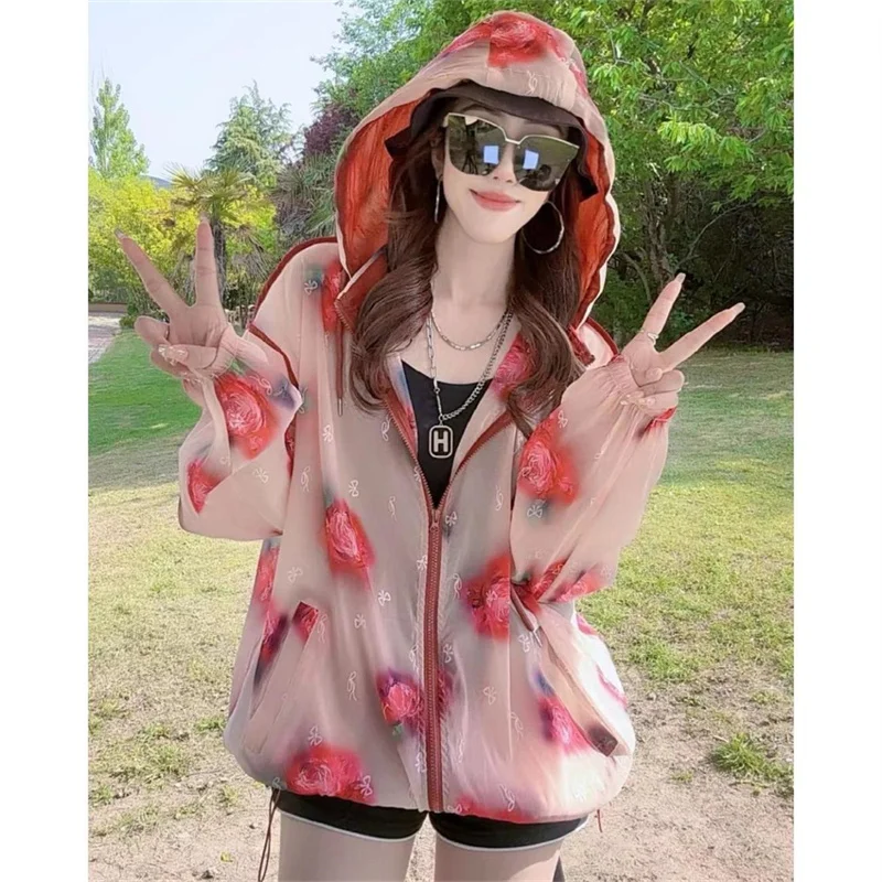 Summer Casual Hooded Sun Protection Clothes For Women's Korean Loose Fitting Floral Ice Silk  Top Fashion Thin Rose Print Jacket