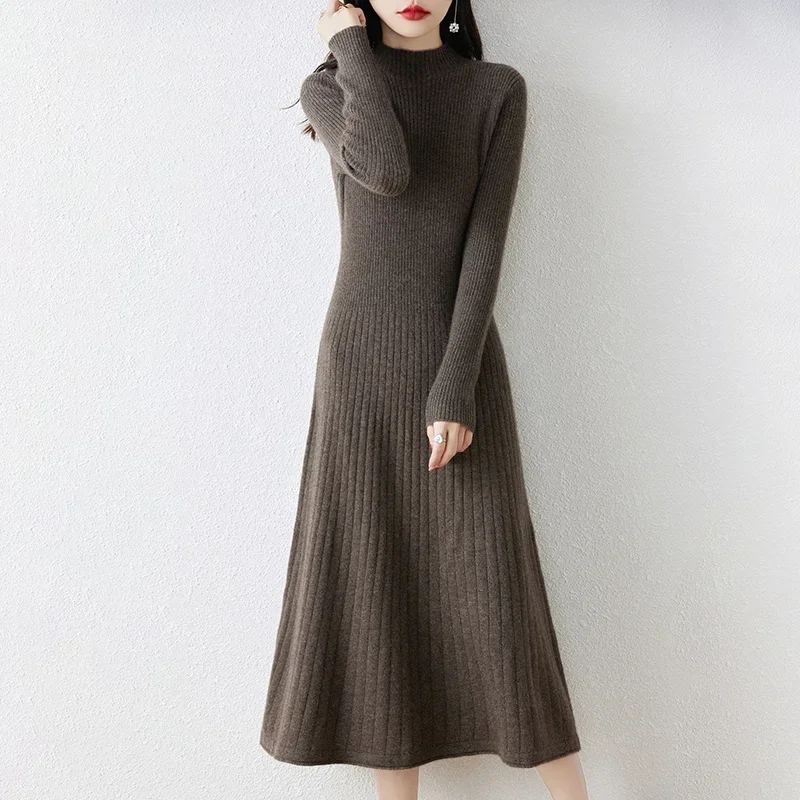 

Autumn Winter High Elasticity 100% Wool Thicken Sweater Dress Warm Basic Knit Pullover Women Slim Dress Female Casual Dresses