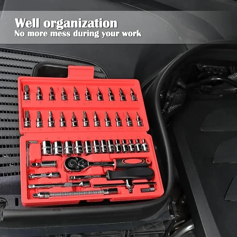 46Pcs Car Repair Tool Kit 1/4-Inch Socket Ratchet Wrench Combo with Screwdriver for Machine Repair